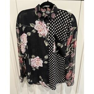 Vtg Judy Knapp Blouse Multicolor Floral Polka Dot Sheer Cottagecore Artsy Whimsy